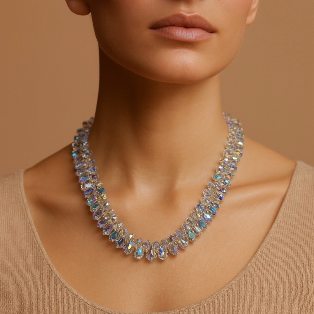 Iridescent Crystal Statement Necklace Aurora Borealis Finish Luxury Editorial